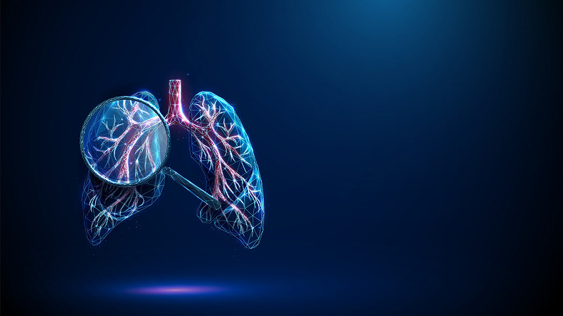 Digitales Modell einer Lunge mit Lupe über dem linken Flügel, dunkelblauer Hintergrund