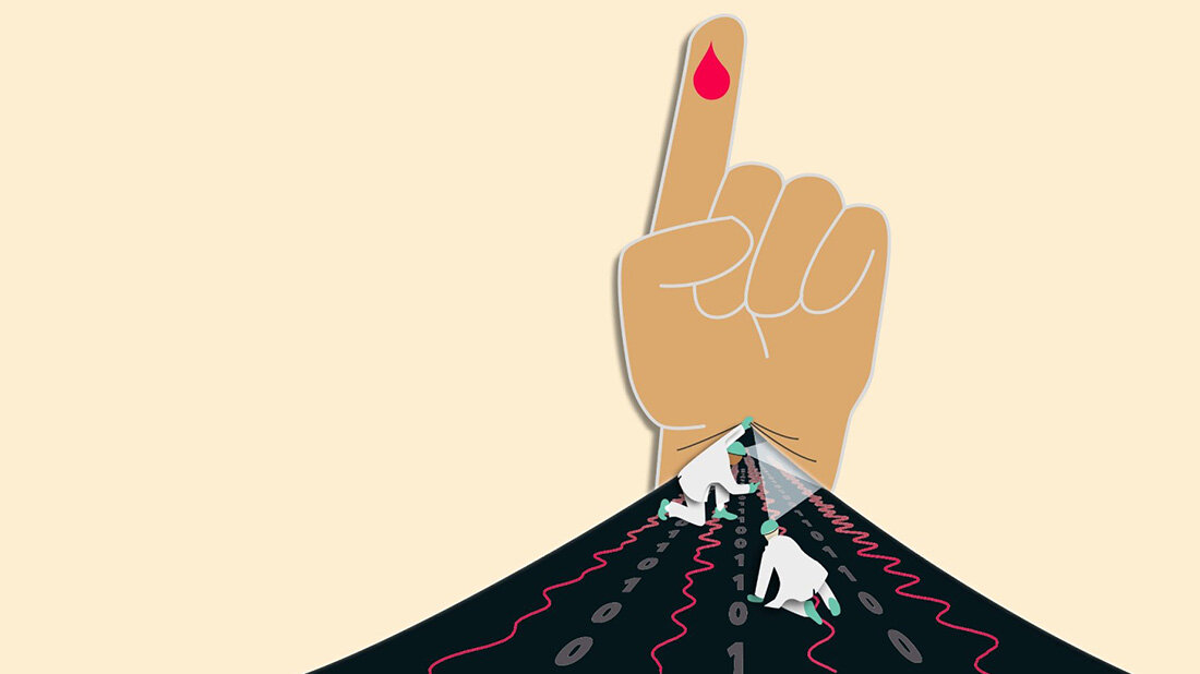 MolecularFingerprinting.jpg Illustration einer erhobenen Hand mit einem Blutstropfen am Finger, darunter digitale Datenströme und zwei Personen, die diese analysieren.