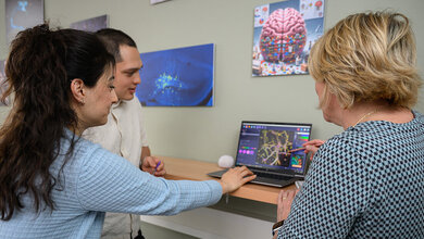 Drei Personen diskutieren vor einem Laptop mit wissenschaftlichen Visualisierungen, im Hintergrund hängen Bilder mit neurologischen und biologischen Motiven.