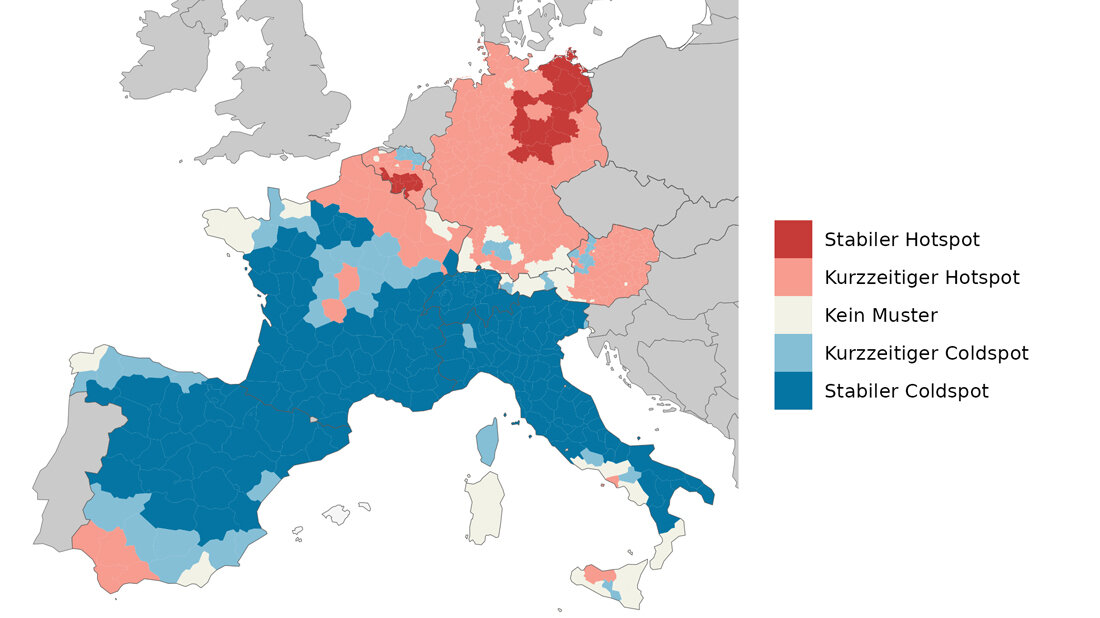 Karte zur Entwicklung der vermeidbaren Sterblichkeit in Westeuropa.