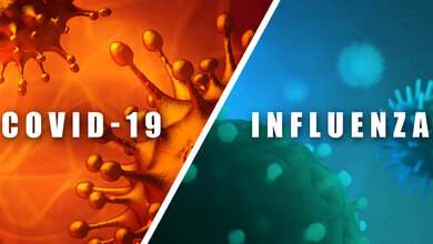 Bild, das COVID-19 der Influenza gegenüberstellt.