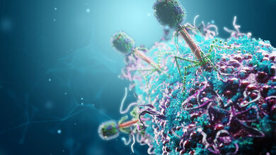 Symbolbild, das zeigt, wie Bakteriophagen ein Bakterium angreifen.