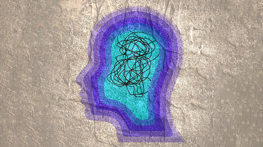 Darstellung eines Kopfes in lila und blau-Tönen mit wirren Linien innen drin