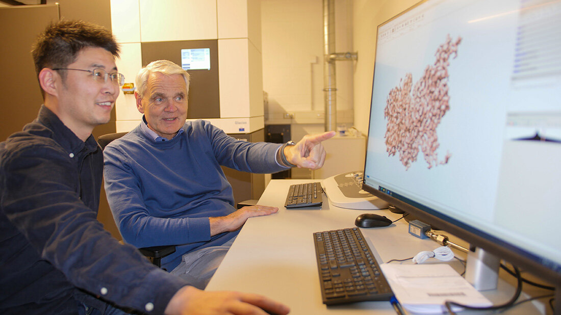 Zwei Männer vor einem PC-Bildschirm im Büro