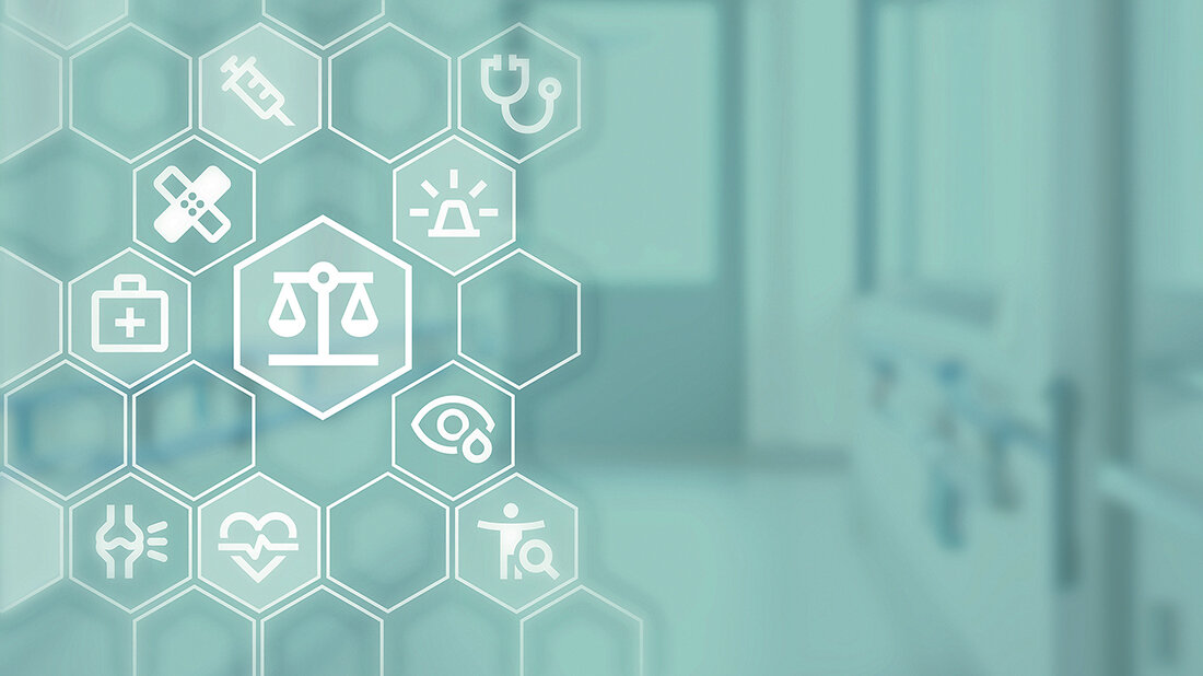 Grafik mit Symbolen aus den Bereichen Medizin und Recht