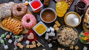 Foto mit Zucker und zuckerhaltigen Nahrungsmitteln