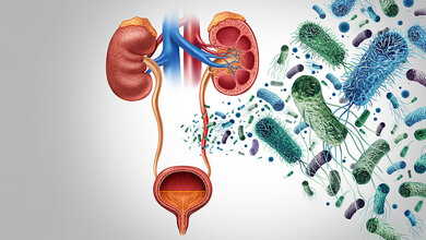 Harnwegsinfektionen bei älteren Patientinnen und Patienten Schematische Darstellung des menschlichen Harntrakts mit Nieren, Harnleitern und Blase; rechts daneben zahlreiche vergrößert dargestellte Bakterien als Symbol für eine Harnwegsinfektion