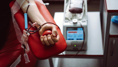 Das Bild zeigt eine Person, die Blut spendet. Der Arm ist mit einer Kanüle verbunden, die das Blut in einen Beutel leitet, während die Person einen Ball in der Hand hält, um den Blutfluss zu fördern. Im Hintergrund ist ein medizinisches Gerät zu sehen, das den Vorgang überwacht.