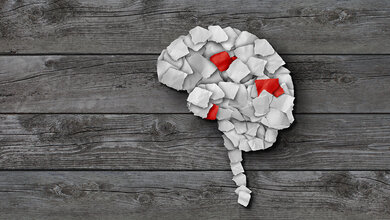 Papierschnipsel zu einem Gehirn und dem Ansatz der Wirbelsäule geformt, drei Papierschnipsel sind rot.