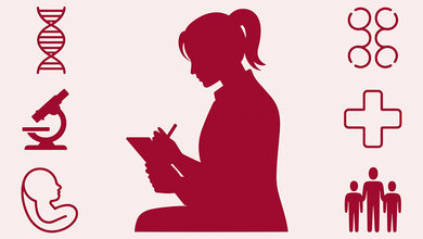 Scherenschnittartige Abbildung einer schreibenden Person im Profil, umgeben von medizinischen Symbolen