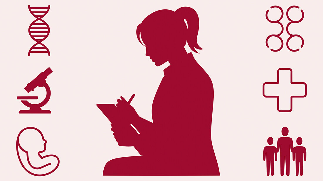 Scherenschnittartige Abbildung einer schreibenden Person im Profil, umgeben von medizinischen Symbolen