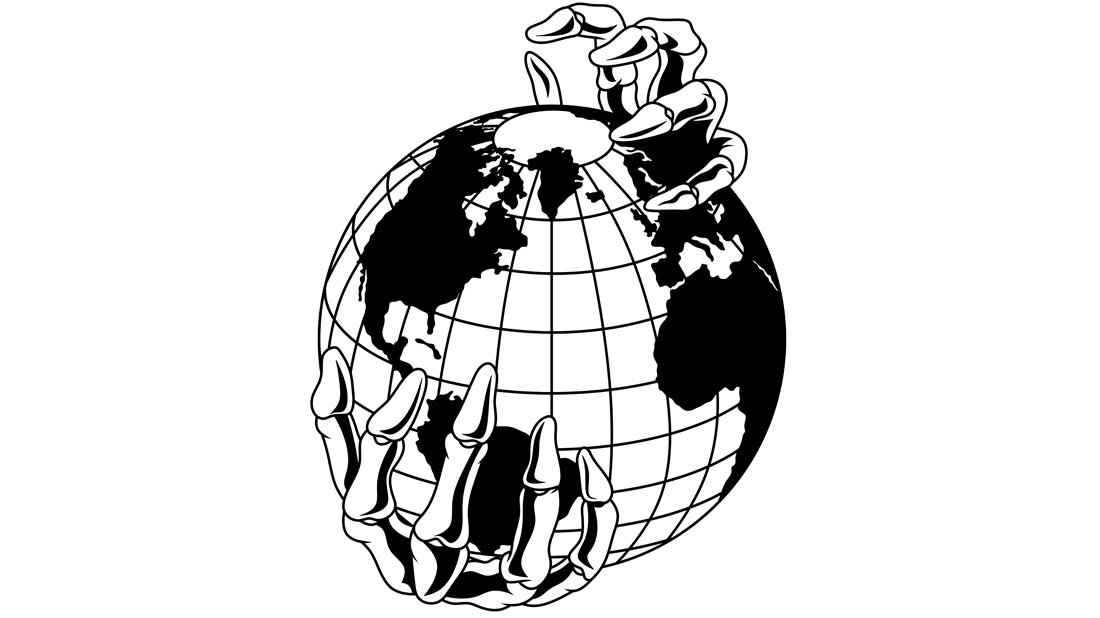 Zwei Knochenhände umklammern die Erde