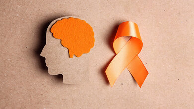 Multiple_Sklerose_orange_Schleife.jpg Silhouette eines Kopfes mit orangefarbenem Gehirn aus Filz neben einer orangefarbenen Schleife auf braunem Hintergrund, symbolisiert Bewusstsein für MS.