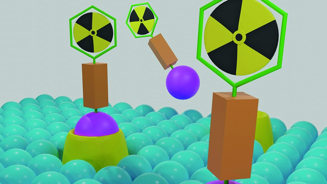 Künstlerische Darstellung von speziellen molekularen Sensoren oder Nachweissystemen, die auf Zelloberflächen oder künstlichen Membranen platziert sind