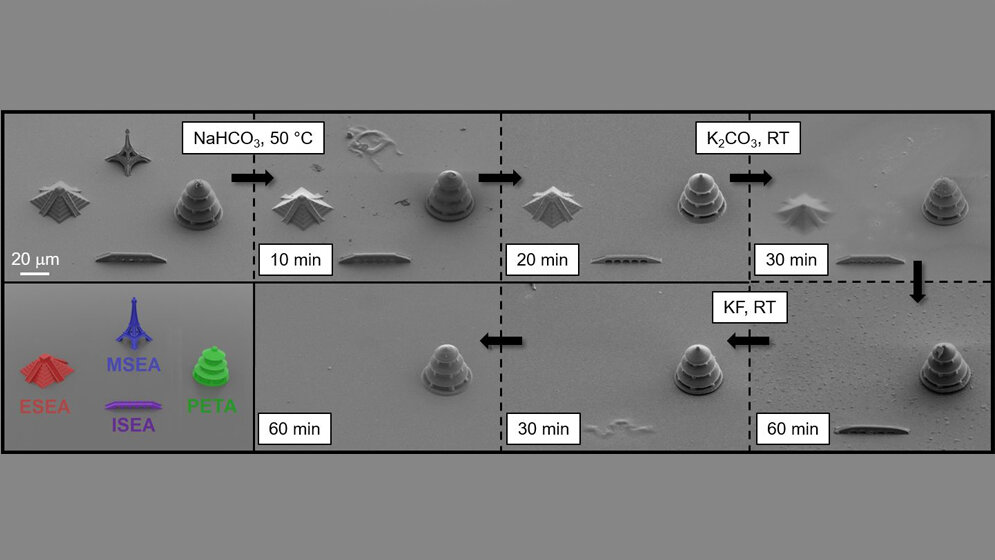 Dreidimensionale Mikrostrukturen aus verschiedenen spaltbaren Fotolacken