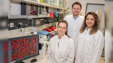 Drei Forschende in einem Labor vor einem Mikroskop und einem Bildschirm mit mikroskopischem Bild