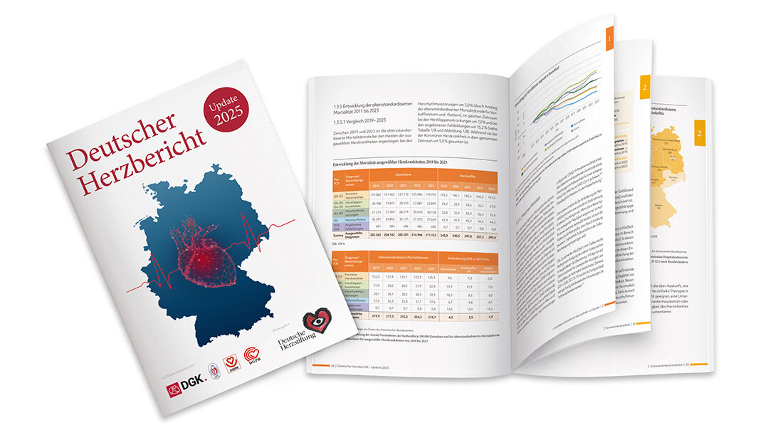 Collage aus dem Cover des Deutschen Herzberichts 2025 mit einem aufgeblätterten Heft, in dem Seiten mit Tabellen zu sehen sind.