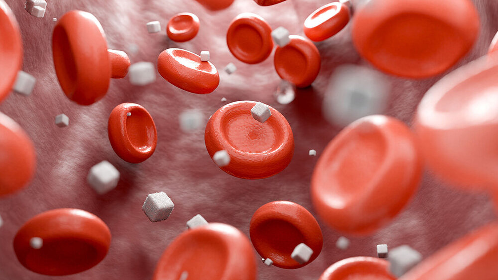 Darstellung von roten Blutkörperchen und weißen Partikeln, die Zucker darstellen sollen, in einer Blutbahn