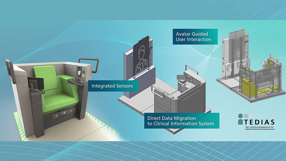 AufnahmestationTEDIAS.jpg Darstellung der Komponenten einer digitalen Aufnahmestation TEDIAS vor blauem Hintergrund inkl. Sessel mit Biosensoren und Bildschirm
