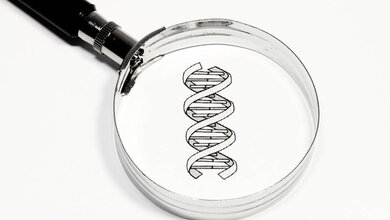 Lupe mit DNA als Symbolbild für Genanalyse.