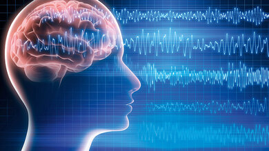 Grafik mit Darstellung des menschlichen Gehirns und Gehirnwellen