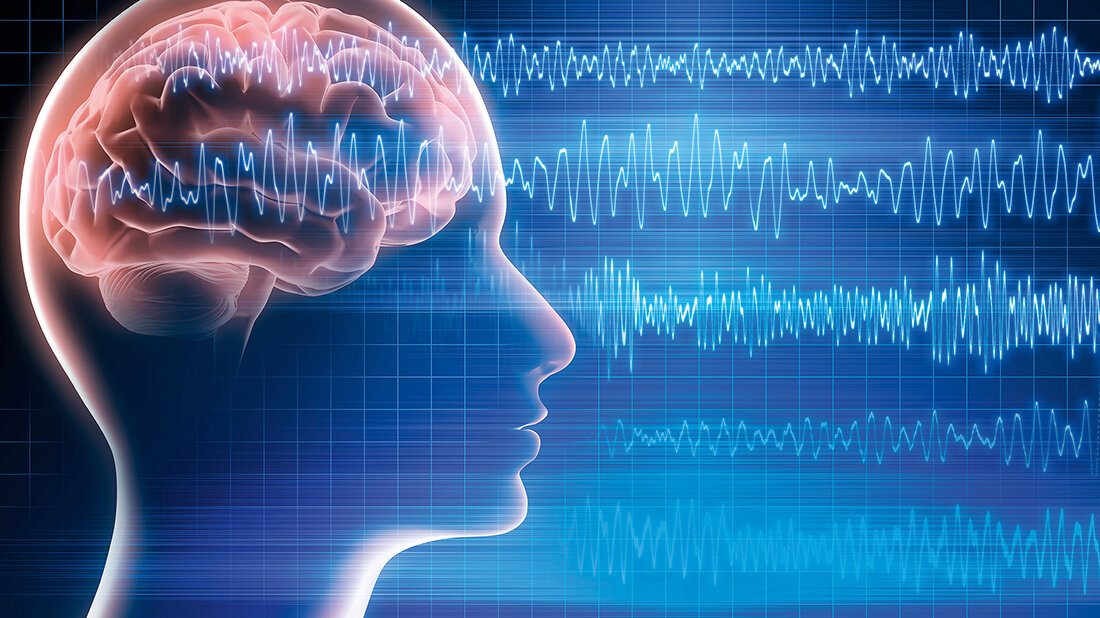 Grafik mit Darstellung des menschlichen Gehirns und Gehirnwellen