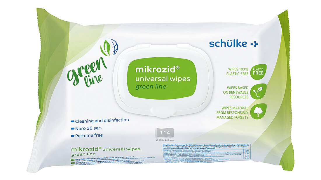 Klimaneutrale Desinfektionstücher Titelbild zur Produktvorstellung medizinische Desinfektionstücher „mikrozid® universal wipes green line“ von Schülke