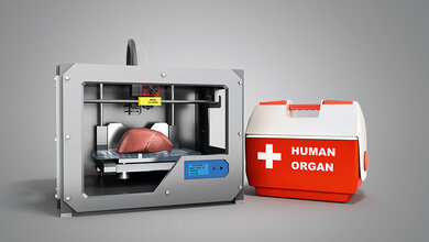 3D-Rendering mit der Darstellung eines 3D-Bioprinters und einer Kühlbox mit der Aufschrift „HUMAN ORGAN“
