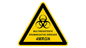 Warnschild „Infektionsgefahr“ mit Text „Multiresistente gramnegative Erreger 4MRGN“