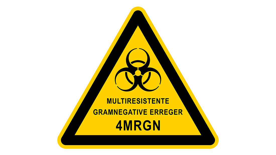 Warnschild „Infektionsgefahr“ mit Text „Multiresistente gramnegative Erreger 4MRGN“