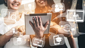 Collage mit Symbolen zum E-Learning