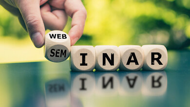 Grafik mit Veranschaulichung der Begriffe Webinar/Seminar mittels beschrifteter Würfel