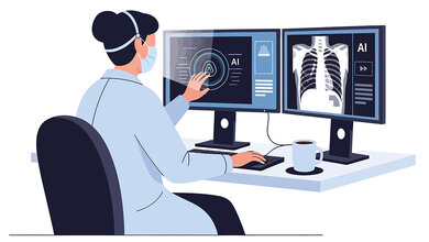 Grafik einer Medizinerin mit Mundschutz vor zwei Monitoren