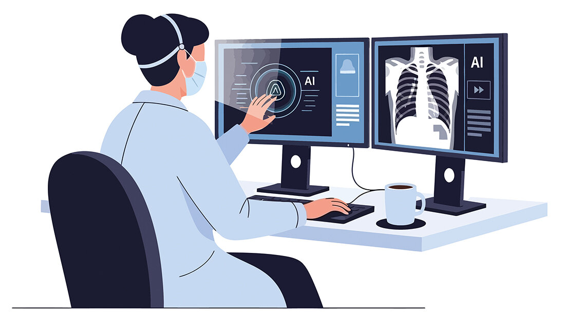 Mehr als Technik Grafik einer Medizinerin mit Mundschutz vor zwei Monitoren