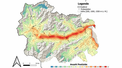 Verteilung der Anzahl von Pestiziden in der Umwelt vom Vinschgau in Südtirol