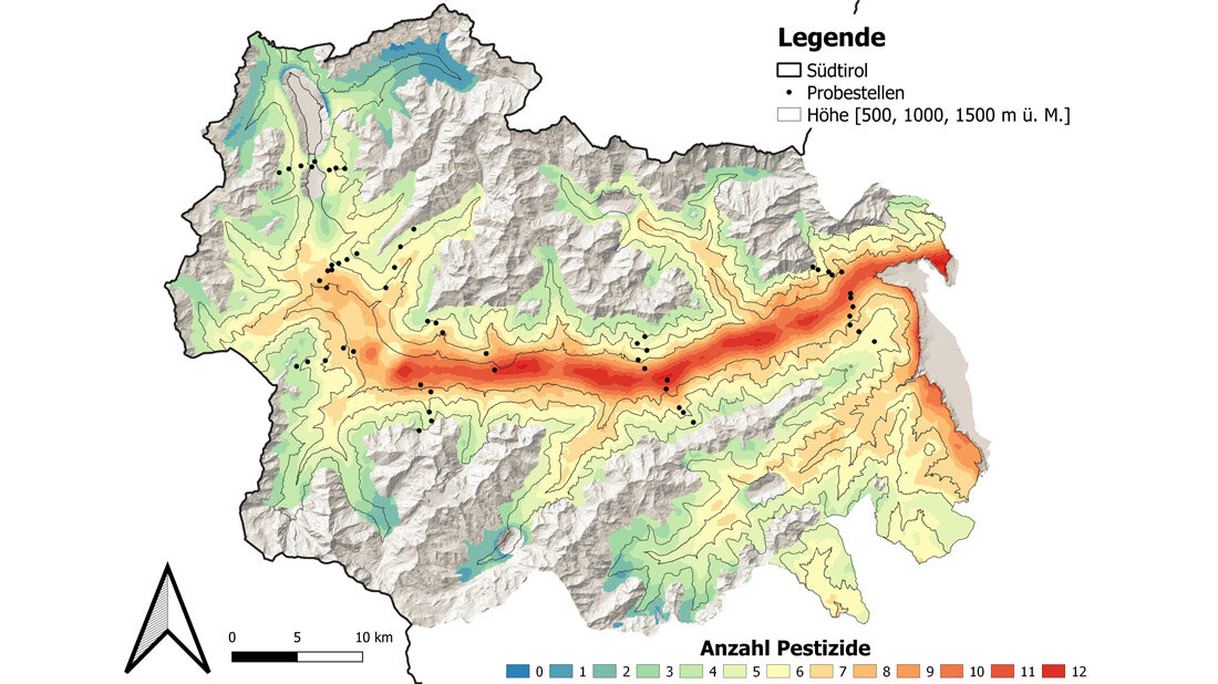 Verteilung der Anzahl von Pestiziden in der Umwelt vom Vinschgau in Südtirol