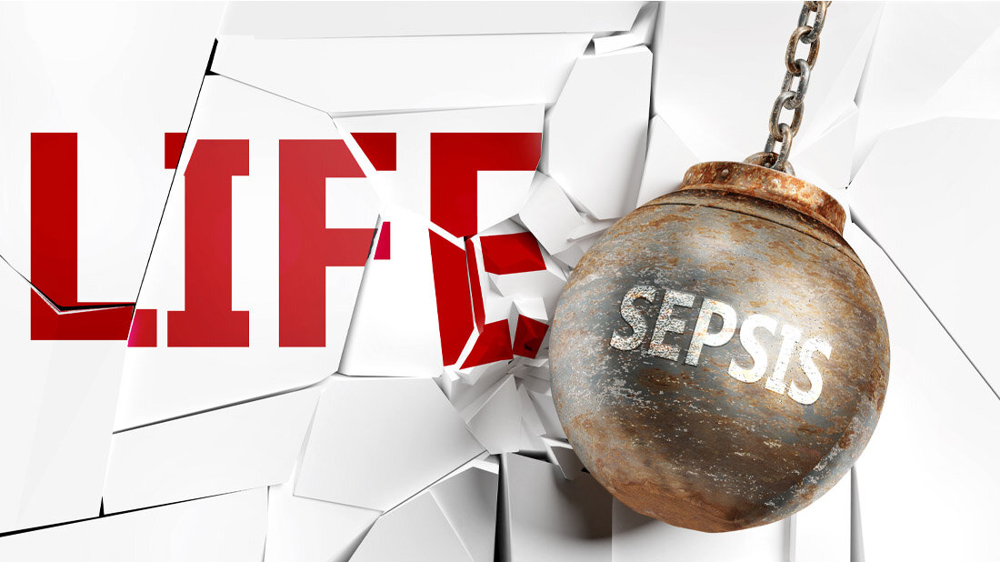 Sepsis_01.jpg Abrissbirne mit Aufschrift Sepsis zerstört Buchstabenkette LIFE