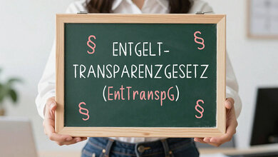Eine Frau hält eine Tafel in den Händen, auf der  steht: Entgelttransparenzgesetz (EntgTranspG)