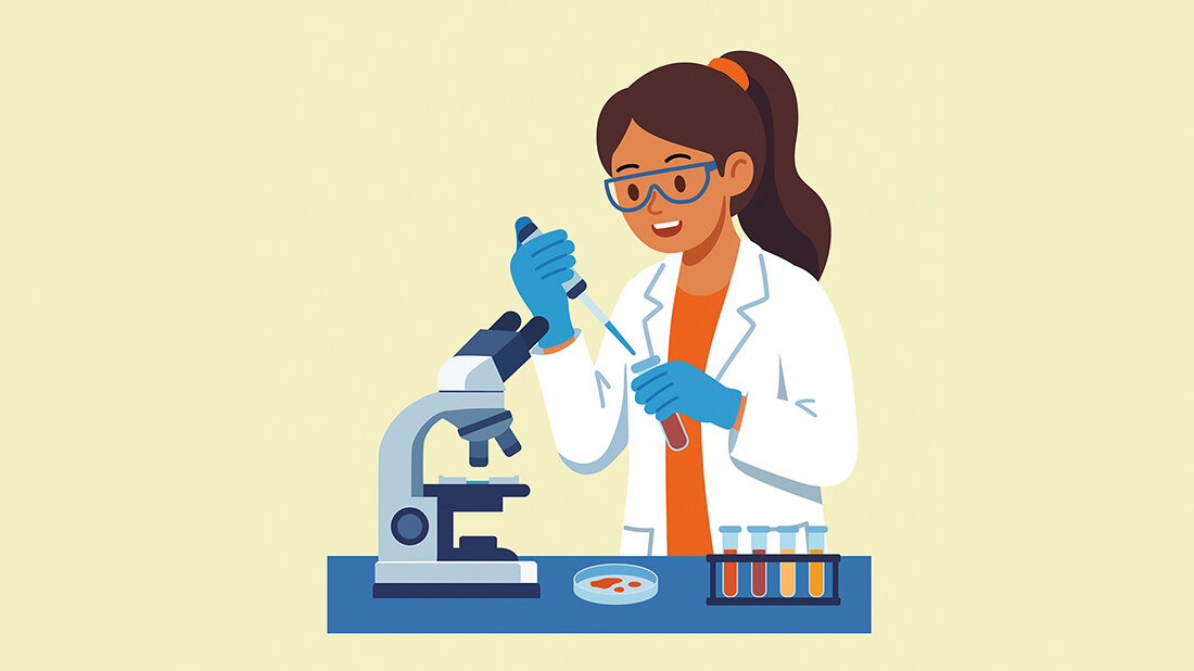 Vektor-Illustration einer Wissenschaftlerin im Labor mit Mikroskop und Pipette