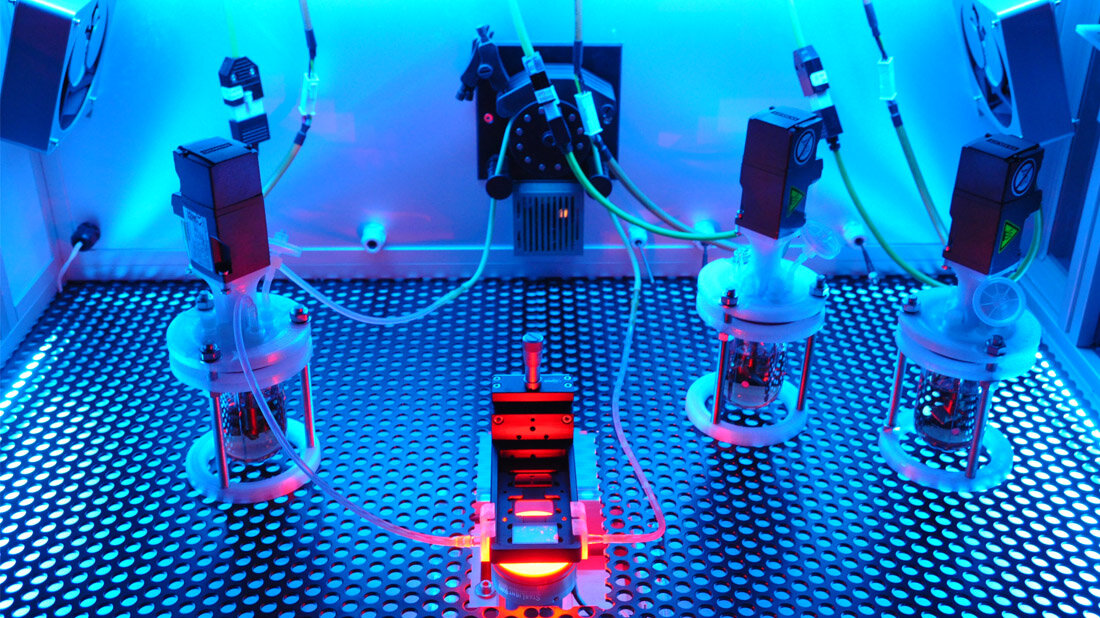 Ein Fluidkreislauf transportiert alle Flüssigkeiten zu den Bioreaktoren.