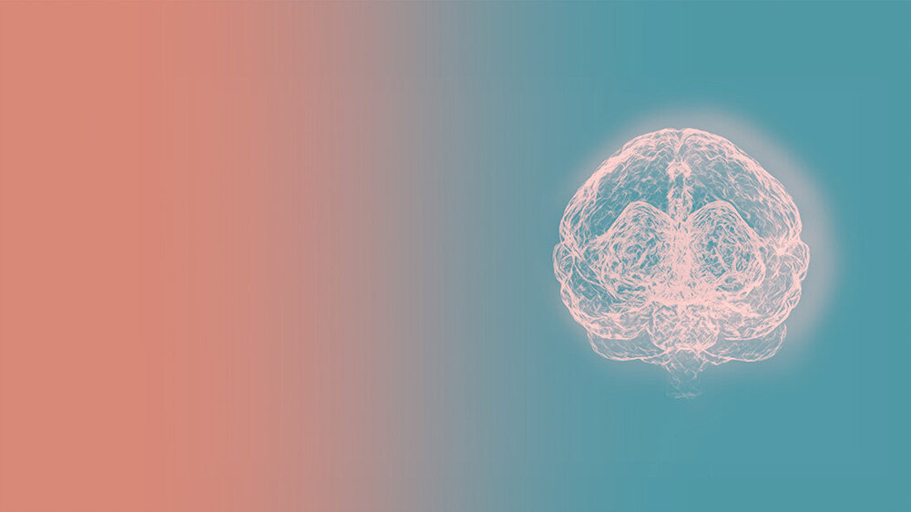 Darstellung eines leuchtenden Gehirns in rosa auf einem Farbverlauf-Hintergrund von Koralle zu Türkis.