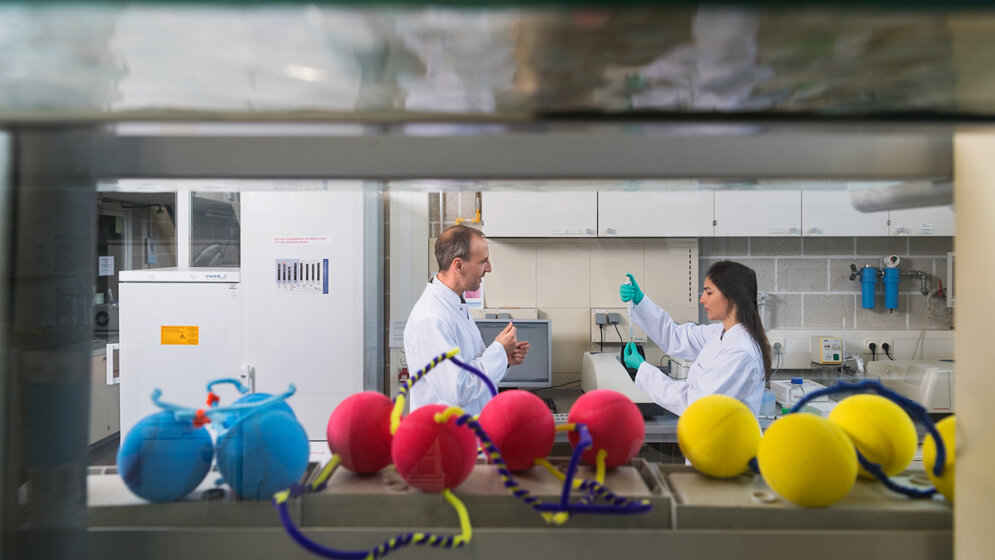 Mit Modellen veranschaulicht Prof. Oliver Lieleg, wie DNA Nanopartikel verbinden kann