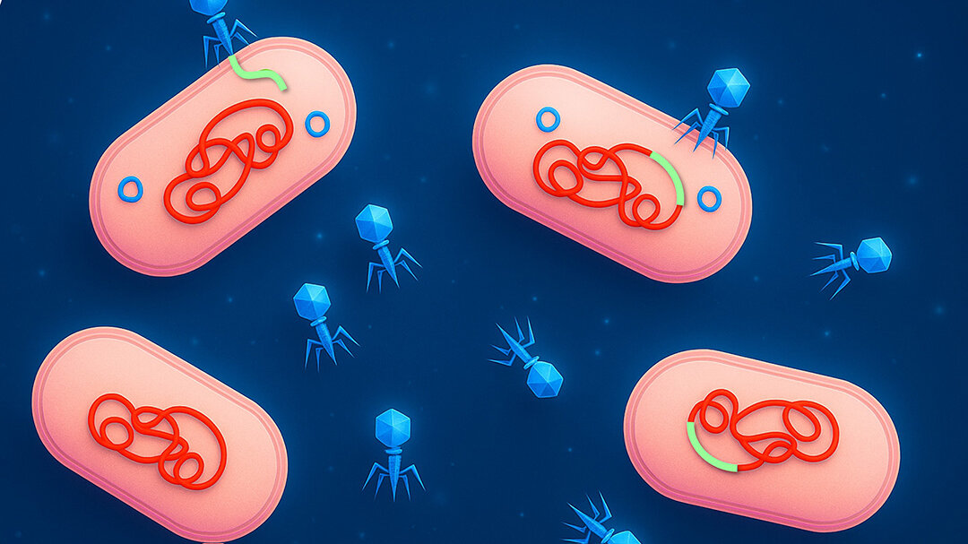 Jumbo-Phagen.jpg Illustration von Bakterien und Phagen. Rote DNA-Stränge in rosa Bakterienzellen, umgeben von blauen, virusähnlichen Phagen auf dunkelblauem Hintergrund.