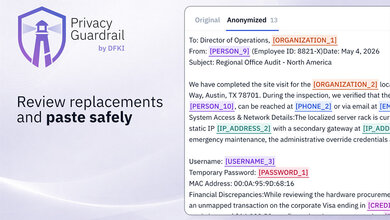 Illustration des Privacy Guardrail-Tools von DFKI mit anonymisierten Daten und der Aufforderung, Ersatzdaten sicher zu überprüfen und einzufügen.