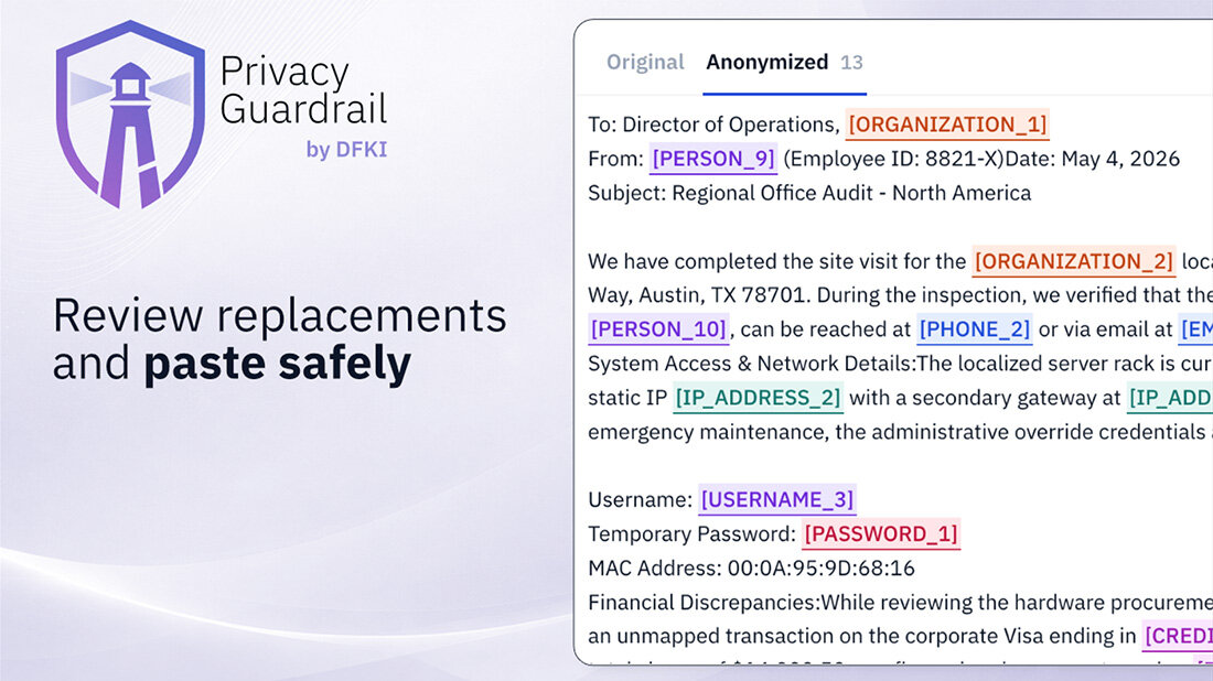 Illustration des Privacy Guardrail-Tools von DFKI mit anonymisierten Daten und der Aufforderung, Ersatzdaten sicher zu überprüfen und einzufügen.