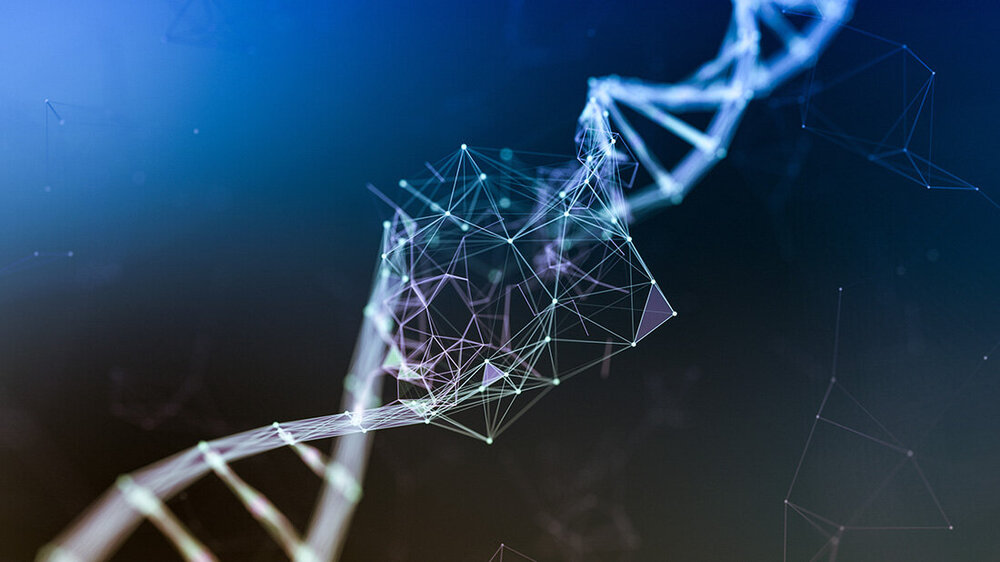 Teil einer DNA mit einem fehlenden Stück in der Mitte vor dunkelblauem Hintergrund