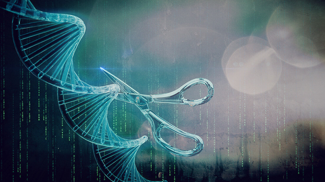 Genschere_Genstrang.jpg Darstellung einer DNA-Doppelhelix, die von einer transparenten Schere durchtrennt wird, symbolisiert genetische Manipulation oder Forschung. Hintergrund mit digitalem Code.