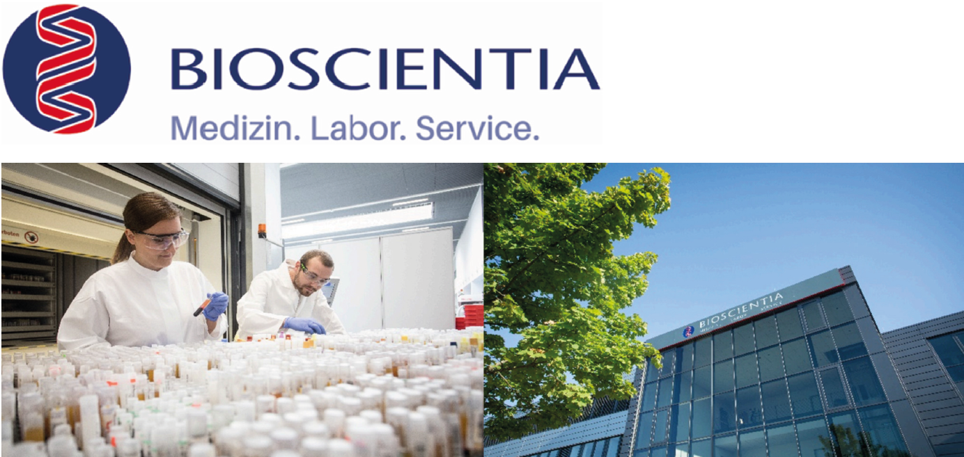 Bioscientia‑Logo neben Szenen aus dem Labor mit Probenbehältern und dem Bioscientia‑Firmengebäude