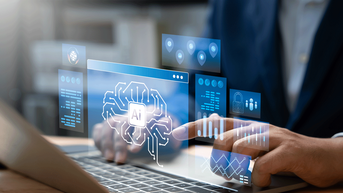 Dieses Bild zeigt eine Person, die mit einem Laptop arbeitet, während verschiedene digitale und KI-bezogene Grafiken darüber eingeblendet sind. Die Grafiken umfassen Symbole, die künstliche Intelligenz, Datenanalyse, Sicherheit und andere technologische Konzepte darstellen.