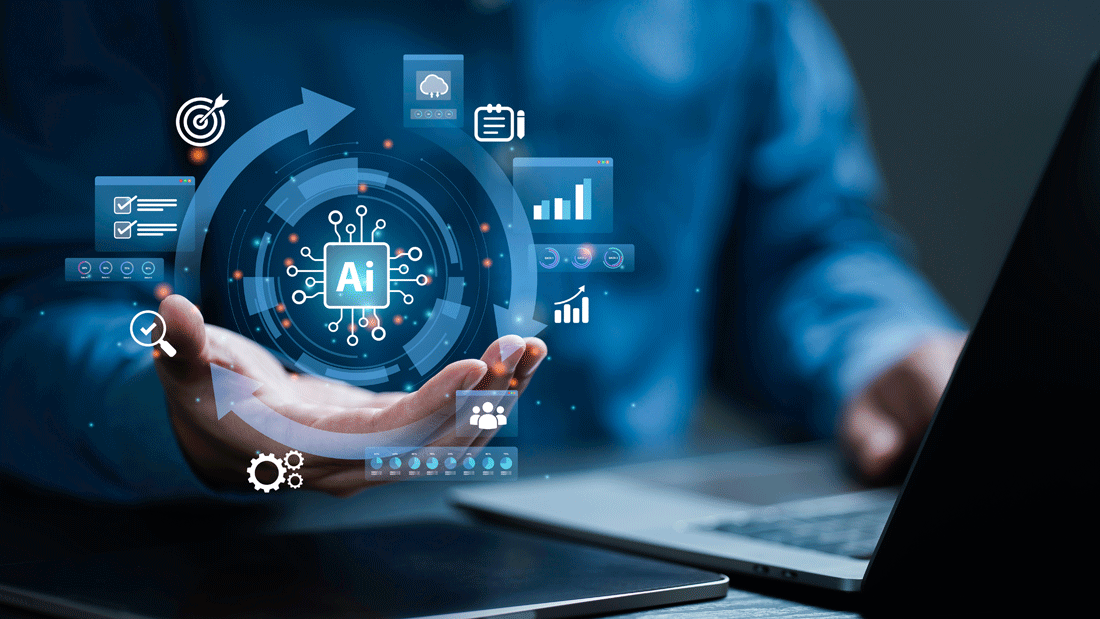  Dieses Bild veranschaulicht das Konzept der Künstlichen Intelligenz (KI) und deren Integration in verschiedene Geschäfts- und Technologieprozesse. Es zeigt eine digitale Darstellung von KI, umgeben von Symbolen, die Datenanalyse, Automatisierung, Cloud-Computing und Leistungsüberwachung darstellen.